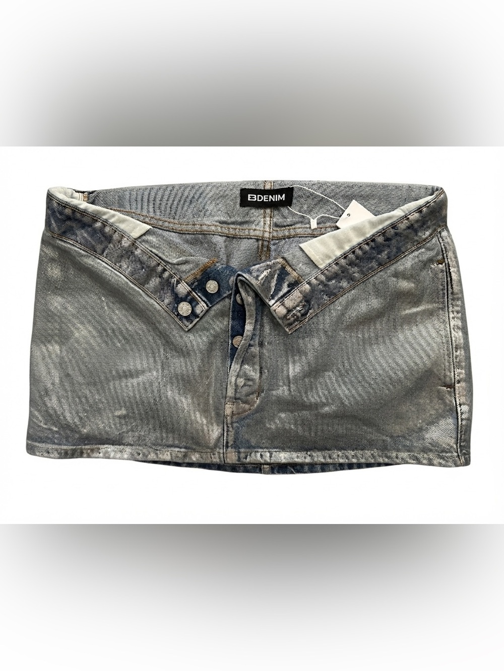 EB Denim Medium Wash Cotton Metallic Coated High-Rise Mini Skirt Size Large NWT